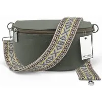 ARTVALL Umhängetasche Echtleder Handtasche Damen Brusttasche Grau Grün (Tasche inkl. Taschenband), Leder Bauchtasche klein breiter Schulterriemen abnehmbarer Taschengurt