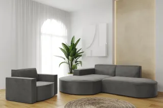 Sofa Set 2-teilig Sessel und Ecksofa PALMA XS Stoff Opera Steel Ottomane Links
