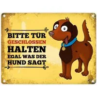 speecheese Metallschild Metallschild mit Hunde Motiv und Spruch: Bitte Tür geschlossen halten