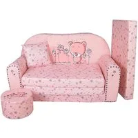FORTISLINE Kindersitzgruppe Kindersofa Kindercouch Aufklappen Bettfunktion + Hocker W319
