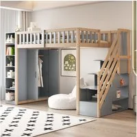Odikalo Kinderbett Hochbett Jugendbett 90x200 mit Stauraum (Multifunktionales Hochbett 90x200cm mit Regalen, Stauschrank und großem Kleiderschrank, Sicherheitsleiter mit Ablagefächern, Grau + Rohholzfarben)
