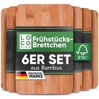 Loco Bird Frühstücksbrett 6er Set - 22 x 14cm, Bambus, (Antibakterielles Frühstücksbrett aus Holz, 6-St., Brettchen), Holzbrettchen für die Küche