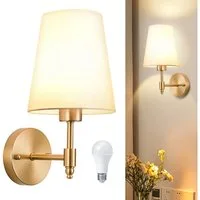 MUPOO Wandleuchte Kabellose Gold Wandleuchten mit Weißem Stoffschirm & 1 Glühbirnen, LED wechselbar, Stoff Wandbeleuchtung für innen,für Badezimmer,Flur,Wohnzimmer