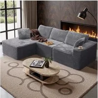HawthyHome Ecksofa mit Schlaffunktion, Liegesessel, 3 Rückenlehnen & 4 Kissen, Modulares Ecksofa L-Form Cordstoff, frei kombinierbar