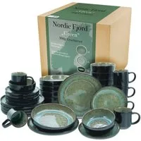 CreaTable Kombiservice Nordic Fjord (30-tlg), 6 Personen, Steinzeug, je 6 Speiseteller, Suppenteller, Dessertteller, Schalen, Kaffeebecher