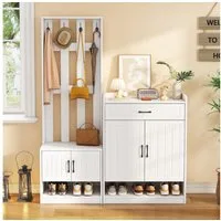 KLAM HOME Garderoben-Set Flurmöbel, Flurtrockenständer, Flurgarderobe, Schuhwechsler-Set, (Eingangsschrank, Kleiderschrank, Wandhängeschrank, 1-St), Garderobenständer mit Schuhbank, 140.6 x 32 x 180 cm, Weiß