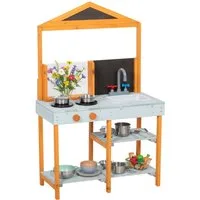AIYAPLAY Outdoor-Spielküche Matschküche Kinder Holz mit Herd Abnehmbarer Spüle Regalen Tannenholz, Edelstahl, für Kinder von 3-8 Jahren, Hellblau
