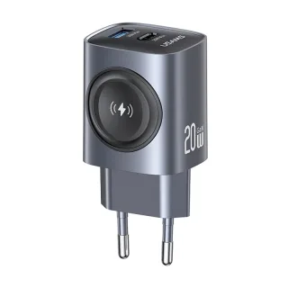 [GaN Tech] USAMS CC293 T67 20W 2-Port USB PD Charger with iWatch Wireless Charging Function USB-A+Type-C Fast Charging W