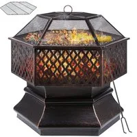 TLGREEN Feuerschale mit Grillrost und Funkenschutz, (Sechseckige Feuerstelle, Solide und Stabil), 71/66,XXXL, Feuerschalen für den Garten