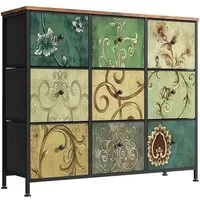 FUROKOY Kommode Stauraumschrank,Schrank Schlafzimmer,Metallrahmen,Retro Stil, Blumenmuster,9 Schubladen