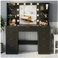 Furnicopia Schminktisch Mit einstellbarer LED-Beleuchtung, 7 Schubladen und 4 Fächern (Große Größe: 110 × 40 × 137 cm, mit 1 USB-Anschluss, 1 Typ-C-Ladeanschluss, 2 Netzsteckdosen und 1 Föhnhalterung. Erhältlich in Weiß oder Schwarz-ostern geschenke)