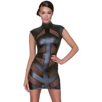 Cottelli Collection Minikleid Wetlook Kleid mit transparenten Streifen - schwarz (1-tlg) Vorne transparente Powernet-Einsätze