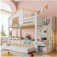 Flieks Etagenbett, Kinderbett Hausbett 90x200cm mit Ausziehbett 90x190cm & Stauraumtreppe
