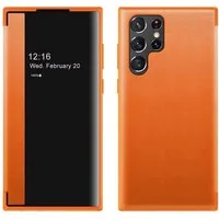 Wigento Handyhülle Für Samsung Galaxy S25 Ultra 5G Mirror View Smart Cover Hülle Orange, Spiegelansicht, Sichtfenster, Kratzschutz