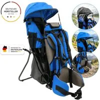 FASports Rückentrage Lil' Boss Kinderkraxe, Kindertrage (Kinderrückentrage, 1-tlg., blau-grau), Babytrage, 5-Punkt-Sicherungsgurt, Regen- und Sonnendach, Taschen