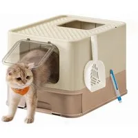 FEANDREA Katzentoilette mit Deckel, mit Tablett, Schaufel und Bürste, Auslaufsicherer Boden, für Katzen bis 15 kg, 1er/2er Set