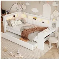 HAUSS SPOLE Kinderbett 90x200 mit USB-Anschlüssen, LED-Licht, Ausziehbett, Schreibtisch, Weiß (Gepolstertes Tagesbett mit LED-Beleuchtung, USB-Anschlüssen & Ausziehbett., 90x200), mit Ausziehbett