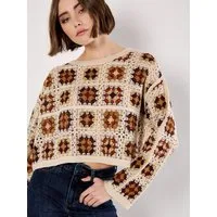 Apricot Strickpullover Häkelpullover (1-tlg) mit quadratischem Muster