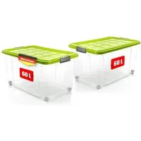 BigDean Aufbewahrungsbox 60 L mit Deckel groß – robuste Stapelbox rollbar mit Klickverschlüssen (Set, 2 St., Aufbewahrungsbox + Deckel + Rollen), Sicher Stapelbar, Platzsparend, Transparent, Rollen, Klickverschlüsse