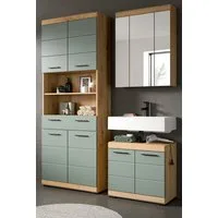 Inn.Furn Badmöbel-Set Shawn, (Badezimmer Set in Salbei Grün mit Eiche, 3-teilig, 150 x 191 cm), mit viel Stauraum, inkl. 4-türigem Hochschrank