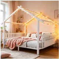 Flieks Kinderbett, Metallbett in Hausform 140x200cm mit Sicherheitsgitter und Lattenrost