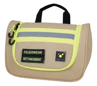 Waschbeutel | TEE-UU | HERO | sand | inkl. Klettstreifen "FEUERWEHR" & "RETTUNGSDIENST" | Signal- & Reflexstreifen | Hinstellen oder Aufhängen