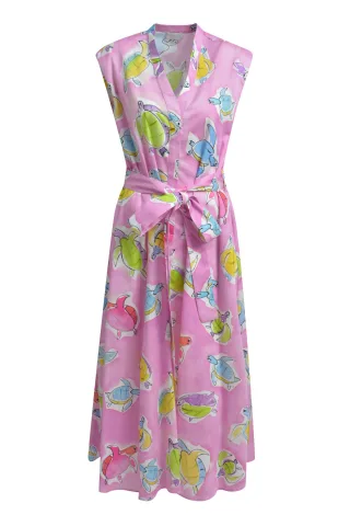Milano Italy - sleeveless midi dress, v-neck, shellfabric belt orchid print - Gr. - 36