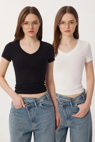 Basic V-Ausschnitt Baumwollmix T-Shirt