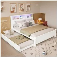 Merax Holzbett mit LED & Stauraum (1-tlg), Doppelbett Jugendbett 120x200cm mit Ausziehbett 90x190cm