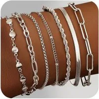 LuxusKollektion Ketten und Armband Set Armband Damen 7er Set Edelstahl 14K Vergoldet Verstellbar Silber