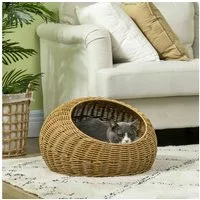 PawHut Tierhaus Haustierbett Katzenhöhle, mit Kissen, für Katzen bis 4 kg, Indoor, PE-Rattan, Ø50 x 31 cm, hellbraun