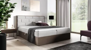 Boxspringbett Bett BEILA 140x200cm Dunkel Eiche Stoff Hellgrau inkl. Bettkasten