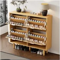 Flieks Schuhschrank mit 4 Rattan-Klappen und Metallgriffen (B100/T25/H90,3 cm, 1-St., ca 16 Paar Schuhe) Schuhregal Schuhkipper Schuhkommode Holz, Massivholzbeine