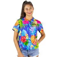 King Kameha Hawaiihemd Pineapple Funky Hawaiibluse Damen Kurzarm Front-Tasche Stylish