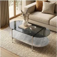 Jiexi Couchtisch Couchtisch oval Glas Grauglas Wohnzimmertisch 2 Ebenen Silber