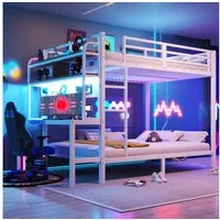 Flieks Etagenbett, Kinderbett Metallbett 140x200cm mit Stauraumregal Schreibtisch LED&USB