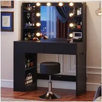 HOMALL Schminktisch Mit dreifarbiger LED-Beleuchtung, Helligkeit einstellbar (Länge × Breite × Höhe) 90 × 40 × 137 cm, mit Steckdose und 2 USB-Anschlüssen, seitliche Schränke links und rechts austauschbar, 8 offene Ablagefächer, 2 Schubladen, 4 Schmu
