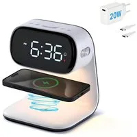 ibettertec Wireless Charger,3 in 1 Induktive Ladestation,Wecker und Nachtlicht Induktions-Ladegerät (für iPhone, Samsung,Apple Watch, AirPods,Other Qi-Certitied iPhone, Digitaluhr,Kabelloses Ladestation,3 Helligkeitsstufen,15W,Weiß)
