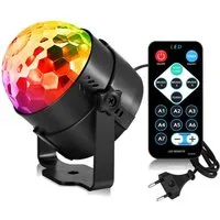 Trade-Shop LED Discolicht Discokugel 360° drehbar mit Fernbedienung, 7 Farben, musikgesteuert, Rot, Grün, Blau, Rot & Grün, Blau & Grün, Rot & Blau, alle Farben gemischt, 3 Musikgesteuerte Modi: Licht an/aus, Farbeffekte, Blitzeffekte