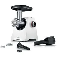 BOSCH Fleischwolf Serie 4 MFWS420W, 1900 W Blockierlei., 2 Flügel-Messer, 2 Stufen, weiß, 500 W, Metallkupplung, Wurststopfer, 10 J Motorgarantie, Rücklauffunktion