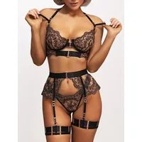 Elegant Love Set: Bügel-BH Sexy Reizwäsche aus Spitze – Lingerie (Set, 5-tlg., BH, Tanga, Halsband, Strumpfhalter, Beinbänder) Dessous-Set – Damenunterwäsche für besondere Stunden