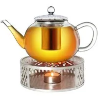 Creano Teekanne Teekanne “flach” 1,2l mit Stövchen aus Edelstahl, 1.2 l, (Set, 4-St., 1 Teekanne, 1 Stövchen, 1 Deckel)