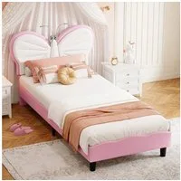 ADWOLT Polsterbett Kinderbett Einzelbett mit Schmetterlings-Kopfteil und LED, Kopfteil hochstellbar, Kinderbett 90x200cm,Rosa