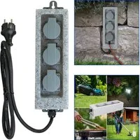 UNITEC Gartensteckdose Steckdosenleiste IP44 Outdoor 3-Fach Stein-Optik, Mehrfachsteckdose Wandsteckdose Außensteckdose Garten-Steckdose
