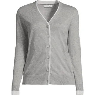Feinstrick-Baumwollcardigan mit unterlegtem Ausschnitt, Damen, size: regular, Grau, Baumwolle, by Lands' End