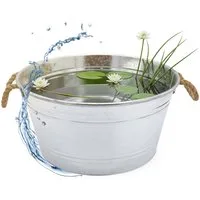 Spetebo Pflanzschale Zierteich Zinkwanne mit Griffen aus Jutekordel (25 L, 1 St., rund), Metall Blumenschale silber verzinkt, 45 x 22 cm