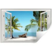 MuchoWow Wandsticker Aussicht - Strand - Palme - Boot - Tropisch - Meer - Blau (1 St), Wandtattoo, Selbstklebend, Wohnzimmer, 30x20 cm