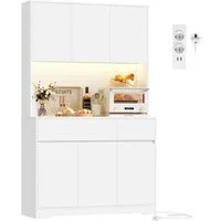 Homfa Küchenbuffet Küchenschrank mit LED Buffetschrank mit Steckdosen Hochschrank mit Arbeitsplatte, 6 Türen und Schubladen