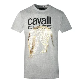 Cavalli Class großes graues T-Shirt mit goldenem Tiger-Schablonenlogo