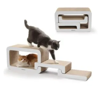 PetRhein Ausziehbar 55–116 cm Kratzbrett für Katzen | 3-in-1 XXL Katzenhöhle & Katzentreppe & Kratzpappe,Beidseitig nutzbar – Stabil für große Katzen,Recycelbarer Karton